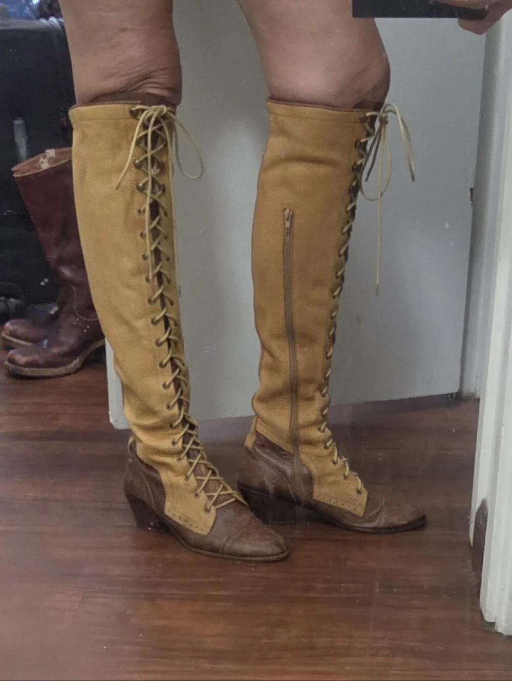 Jeffrey Campbell x Free People Joe tan & Brown Leather Over The Knee Lace Boot 9